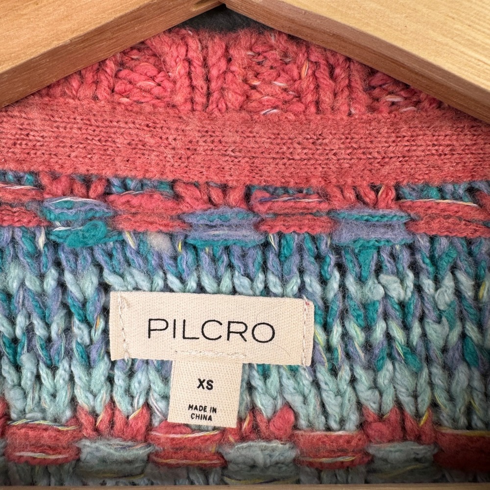 Pilcro Mixed Media Cropped Sweater Multicolor Geometric Knit Balloon Sleeve XS - Picture 5 of 8